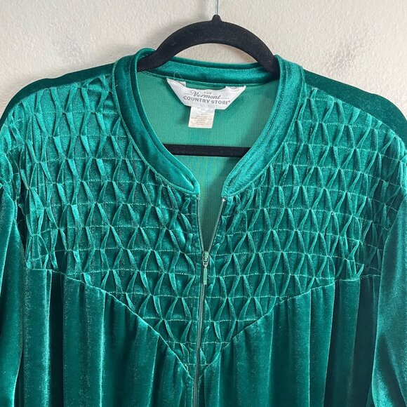 Vermont Country Store Womens XL Full Length Green Velour Robe Smocked Yoke - Picture 2 of 9